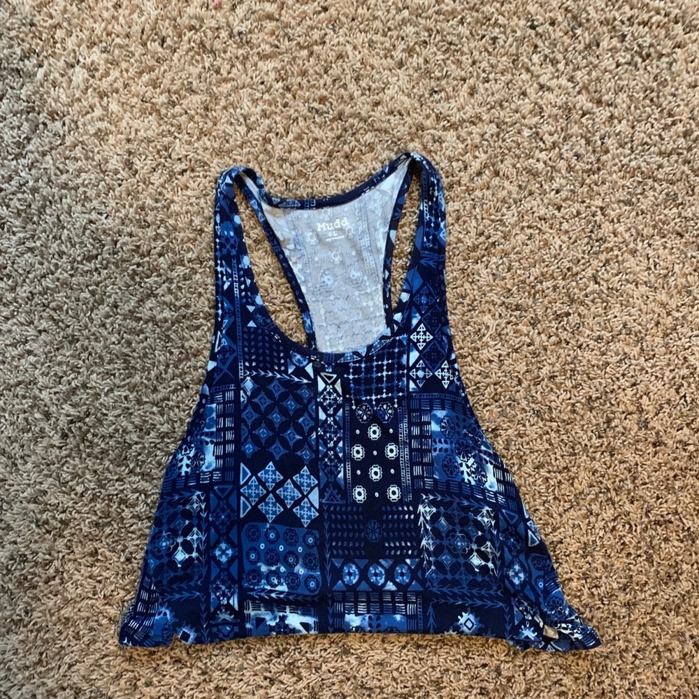 Blue tank top.